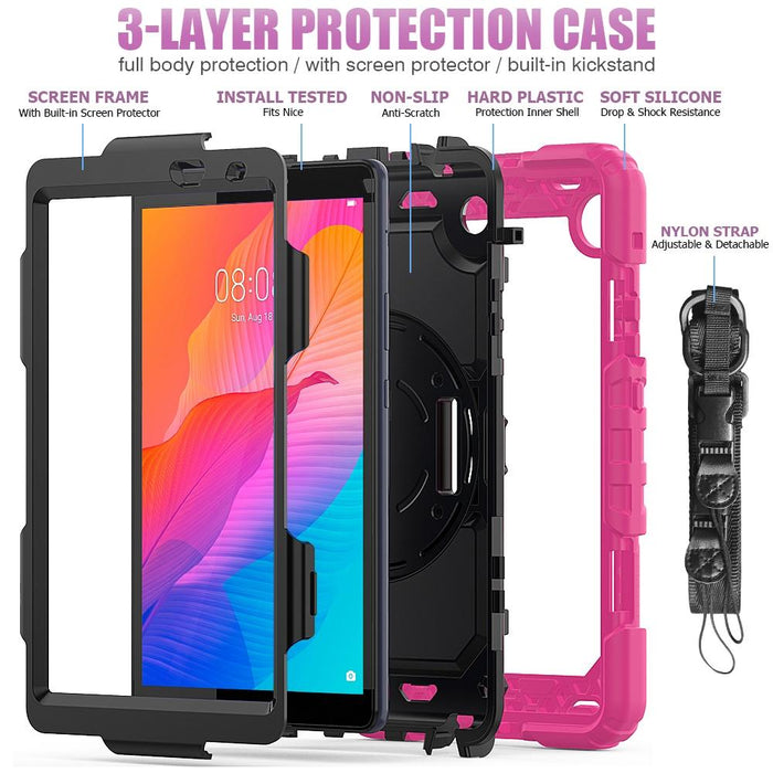Shockproof Silicone + Pc Case With Holder & Straps Rose Red