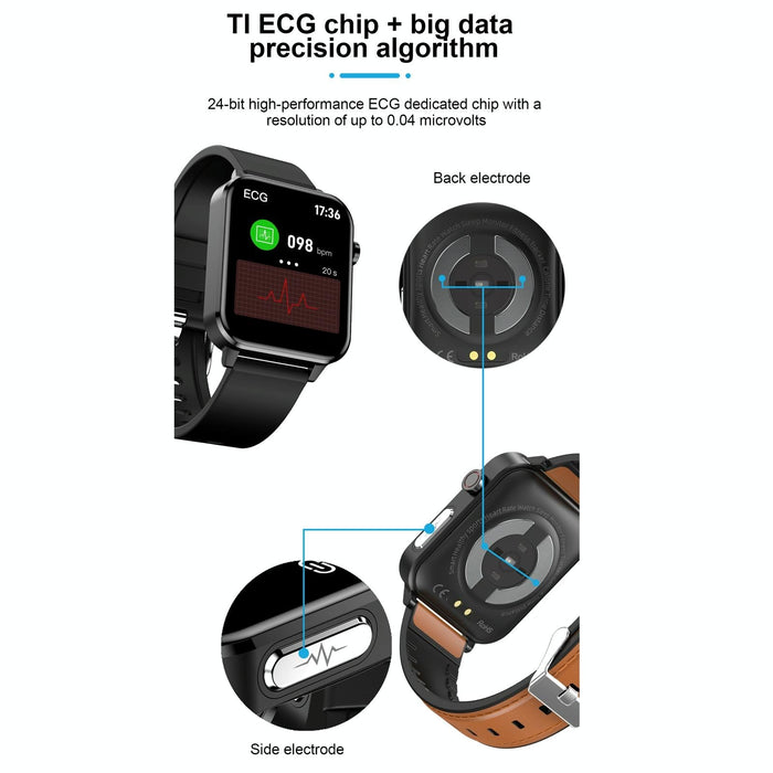 1.7 Inch Tft Colour Screen Ip68 Waterproof Smart Watch Support Blood Oxygen Monitoring / Body Temperature Monitoring / Ai Medical Diagnosis - Leather Strap
