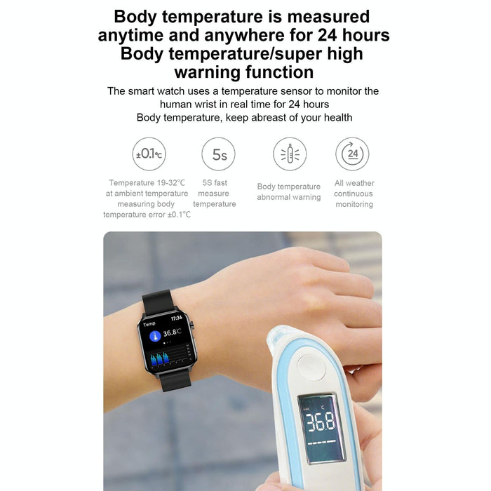 1.7 Inch Tft Colour Screen Ip68 Waterproof Smart Watch Support Blood Oxygen Monitoring / Body Temperature Monitoring / Ai Medical Diagnosis - Leather Strap
