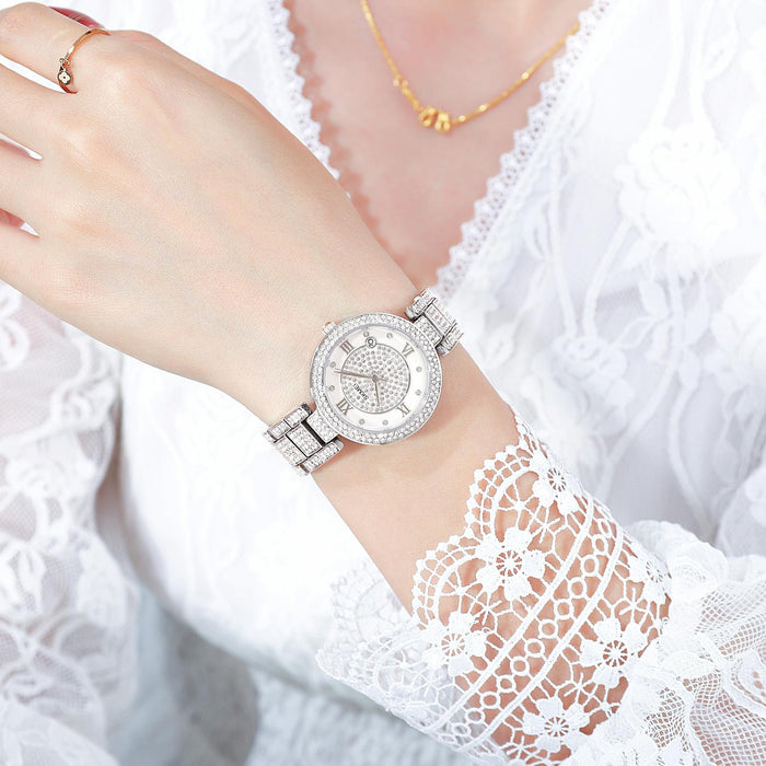1739 Diamond Roman Numerals Round Dial Quartz Watch For Women