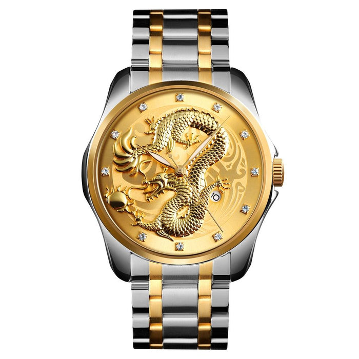 9193 Men Golden Dragon Pattern Calendar Dial Luminous Quartz Watch