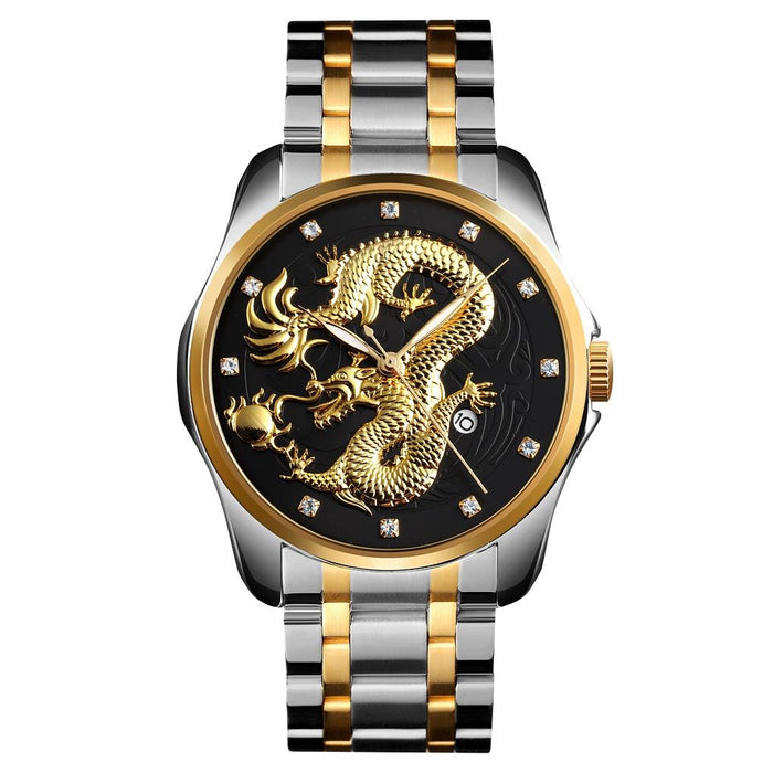 9193 Men Golden Dragon Pattern Calendar Dial Luminous Quartz Watch