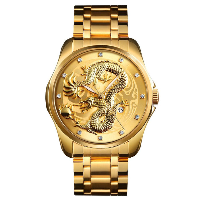 9193 Men Golden Dragon Pattern Calendar Dial Luminous Quartz Watch