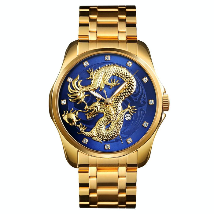 9193 Men Golden Dragon Pattern Calendar Dial Luminous Quartz Watch