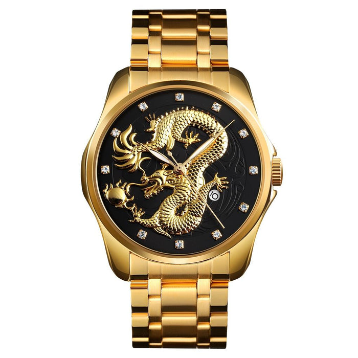9193 Men Golden Dragon Pattern Calendar Dial Luminous Quartz Watch