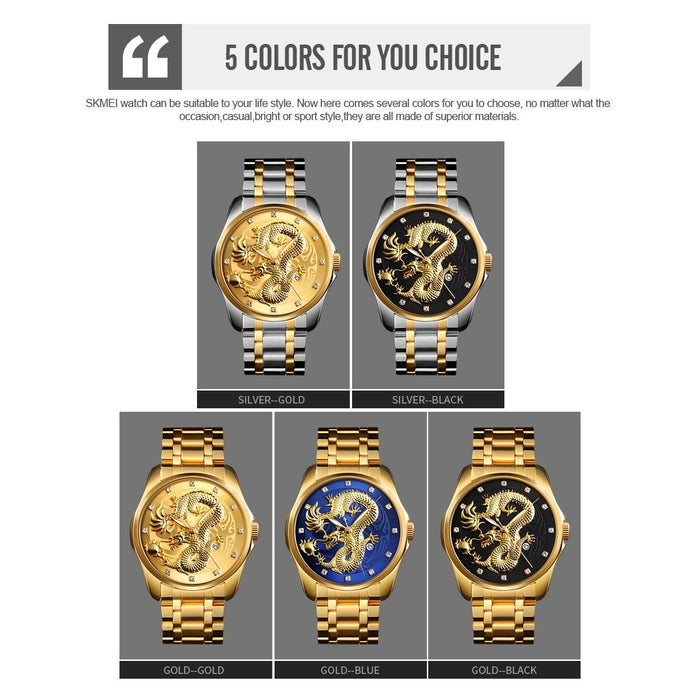 9193 Men Golden Dragon Pattern Calendar Dial Luminous Quartz Watch