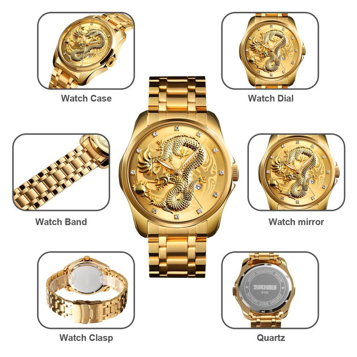 9193 Men Golden Dragon Pattern Calendar Dial Luminous Quartz Watch
