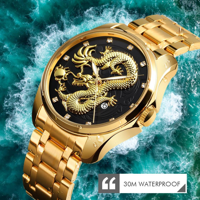 9193 Men Golden Dragon Pattern Calendar Dial Luminous Quartz Watch