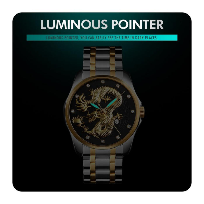 9193 Men Golden Dragon Pattern Calendar Dial Luminous Quartz Watch
