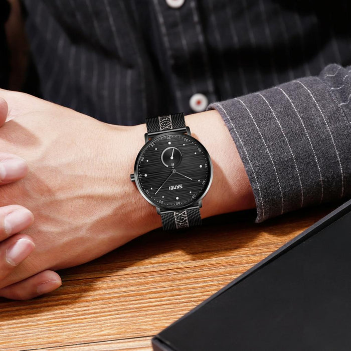 9218 Men Horizontal Striped Arabic Numeral Dial Mesh Belt Quartz Watch