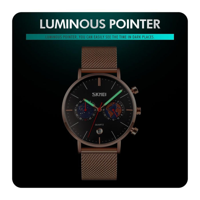 9231 Men Map Pattern Calendar Stainless Steel Strap Quartz Watch