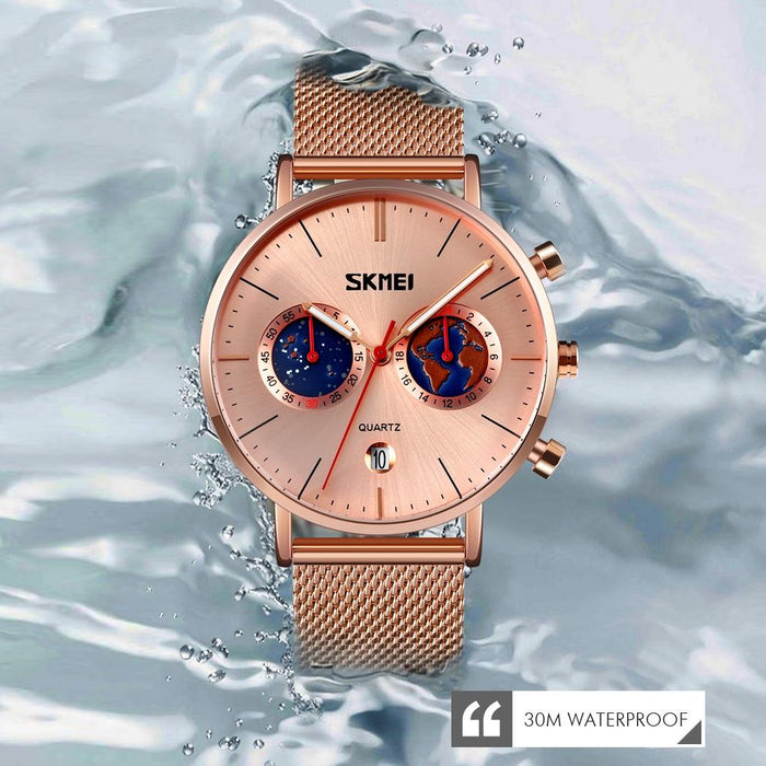 9231 Men Map Pattern Calendar Stainless Steel Strap Quartz Watch