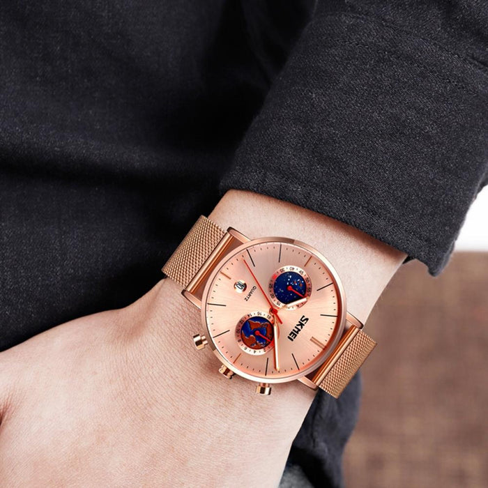 9231 Men Map Pattern Calendar Stainless Steel Strap Quartz Watch