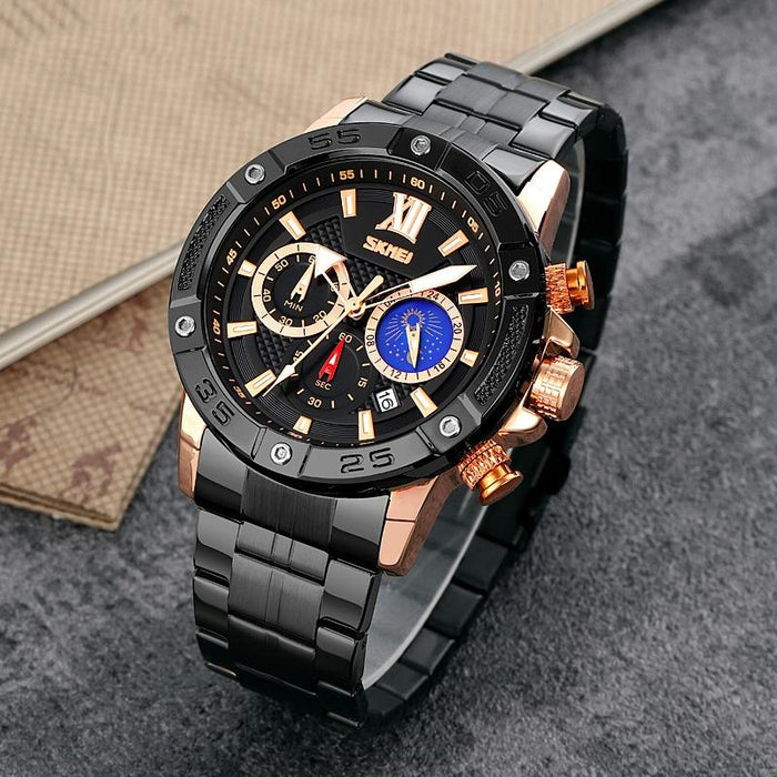 9235 Men Moonphase Stainless Steel Strap Quartz Watch