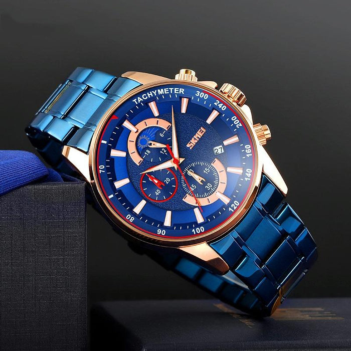 9250 Men Moonphase Date Six Pin Stainless Steel Strap Quartz Watch