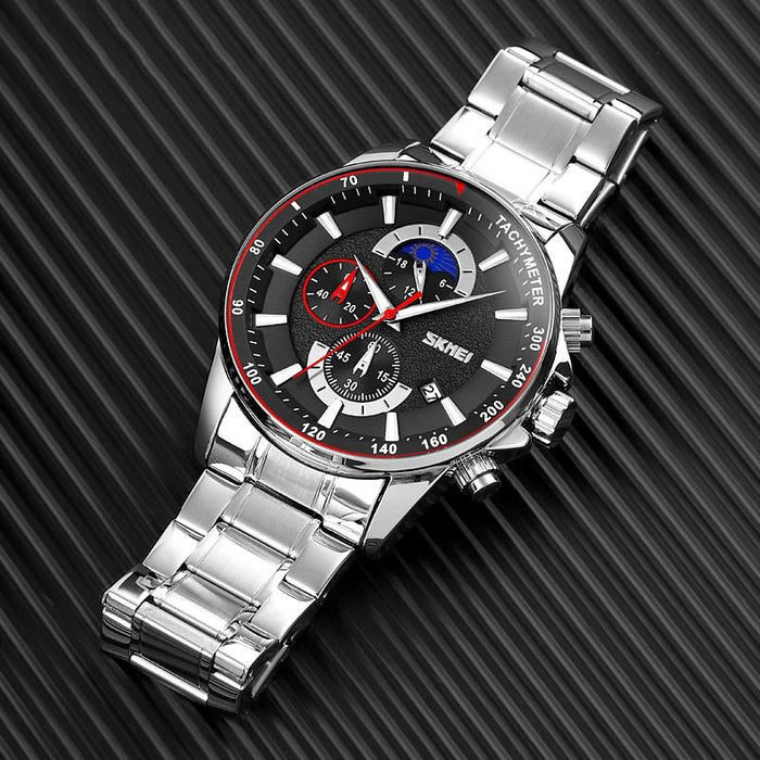 9250 Men Moonphase Date Six Pin Stainless Steel Strap Quartz Watch