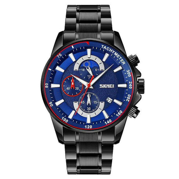 9250 Men Moonphase Date Six Pin Stainless Steel Strap Quartz Watch