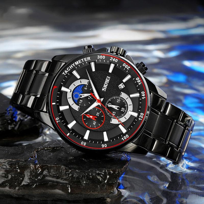 9250 Men Moonphase Date Six Pin Stainless Steel Strap Quartz Watch