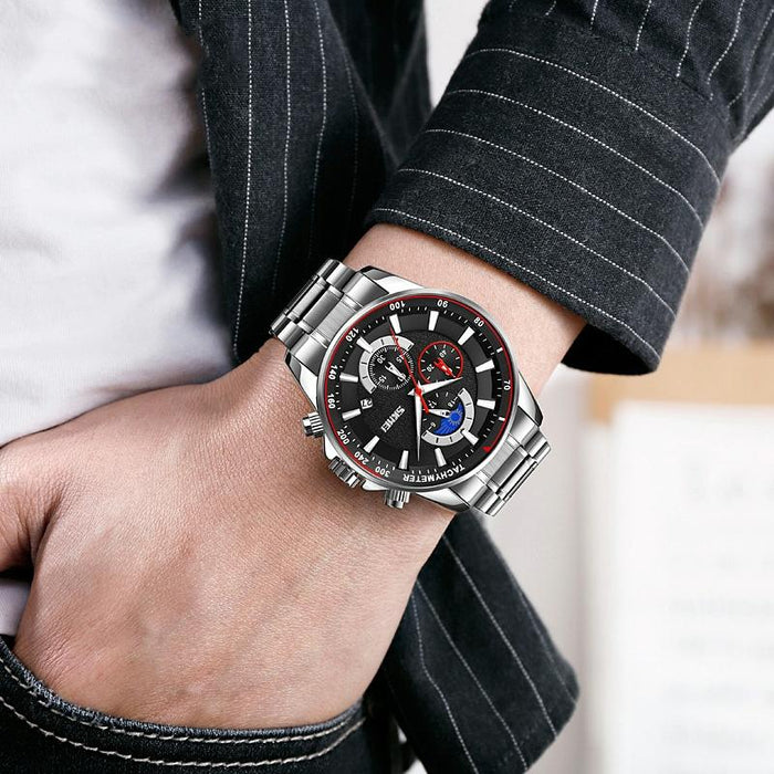 9250 Men Moonphase Date Six Pin Stainless Steel Strap Quartz Watch