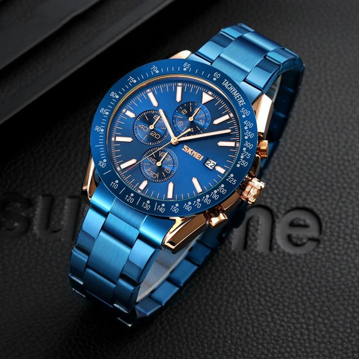 9253 Men Date Six Pin Stainless Steel Strap Quartz Watch