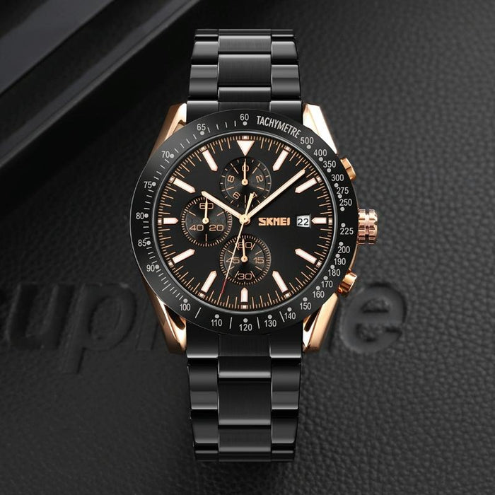 9253 Men Date Six Pin Stainless Steel Strap Quartz Watch