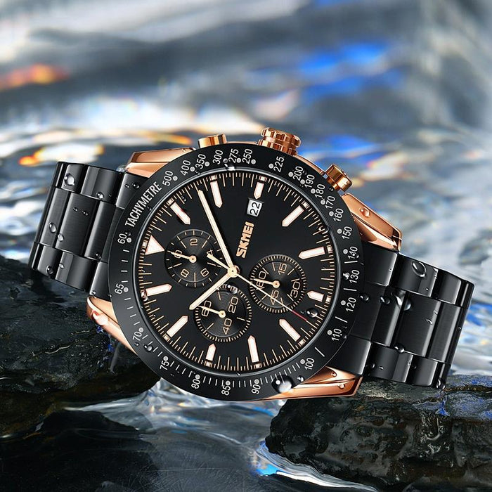 9253 Men Date Six Pin Stainless Steel Strap Quartz Watch