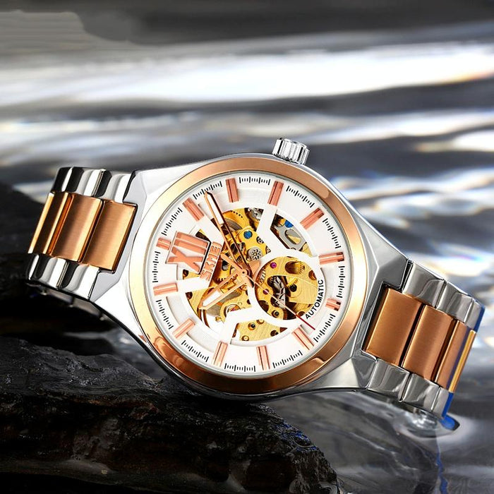 9258 Men Two-Colour Stainless Steel Strap Automatic Mechanical Watch