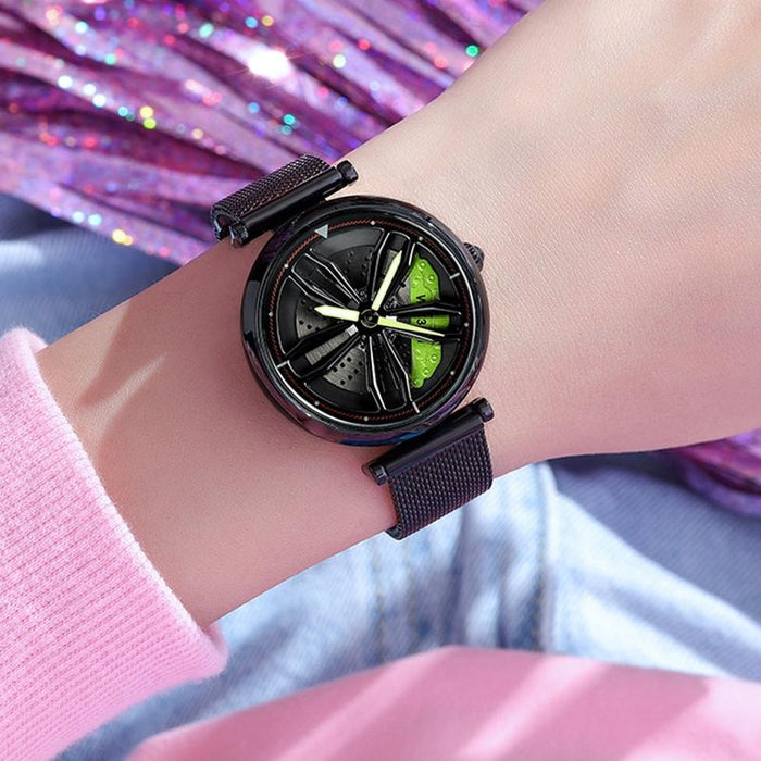 1074 3D Hollow Out Wheel Non-Rotatable Dial Quartz Watch For Women Steel Belt