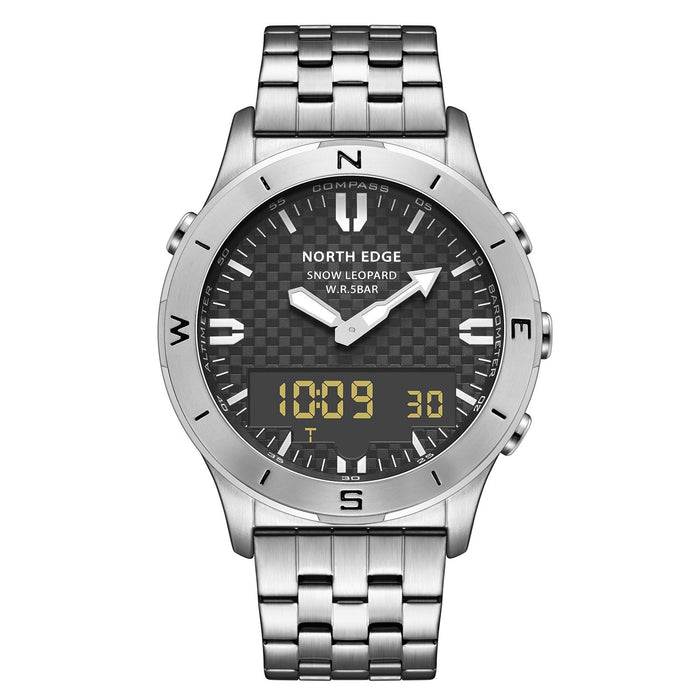Snow-Leopard Outdoor Waterproof Men Multifunction Stainless Steel Strap Smart Watch Silver