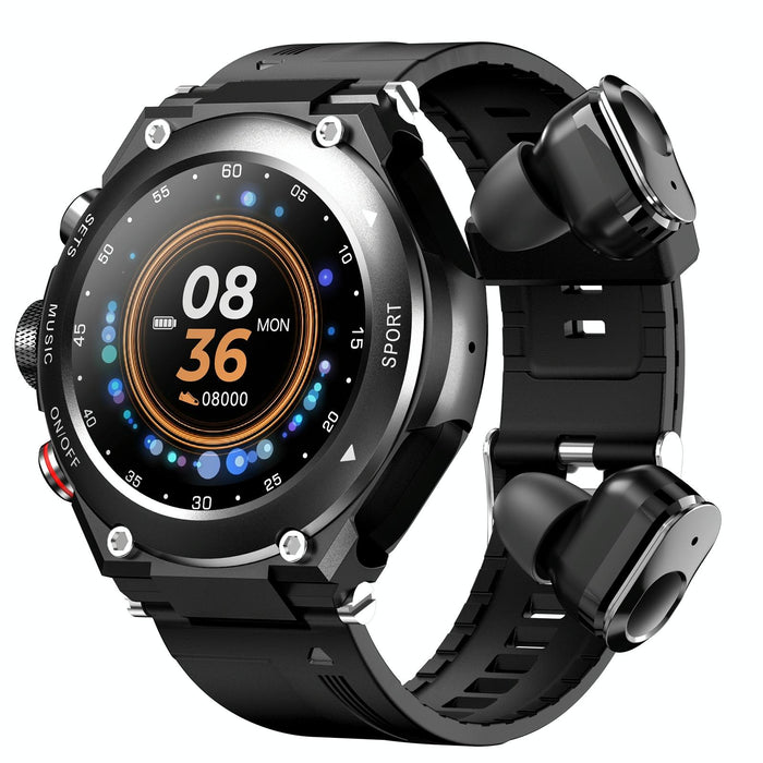 1.28 Inch Ips Touch Screen 2 In 1 Bluetooth Headset Smart Watch With Heart Rate Monitoring & Music