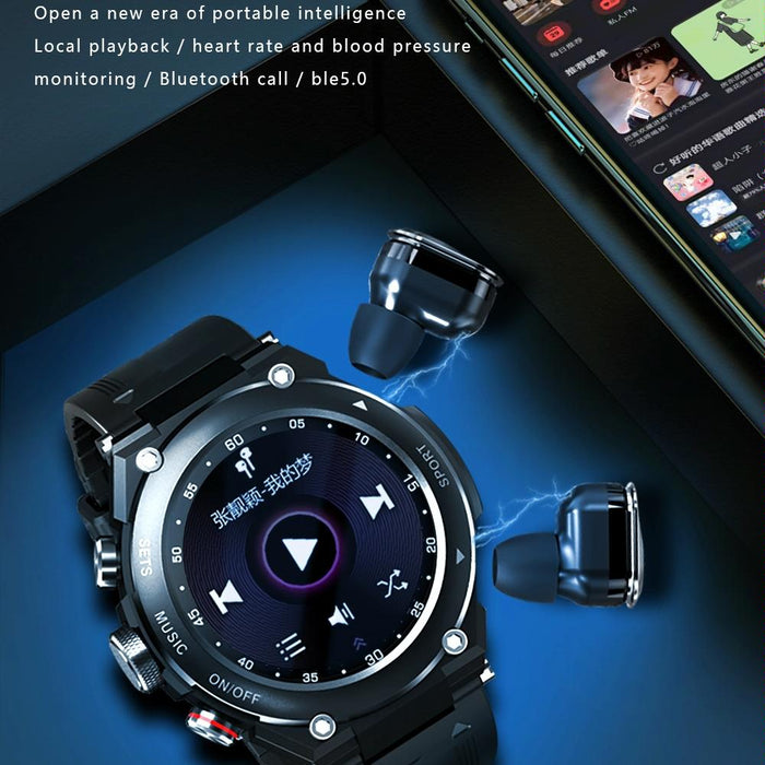 1.28 Inch Ips Touch Screen 2 In 1 Bluetooth Headset Smart Watch With Heart Rate Monitoring & Music