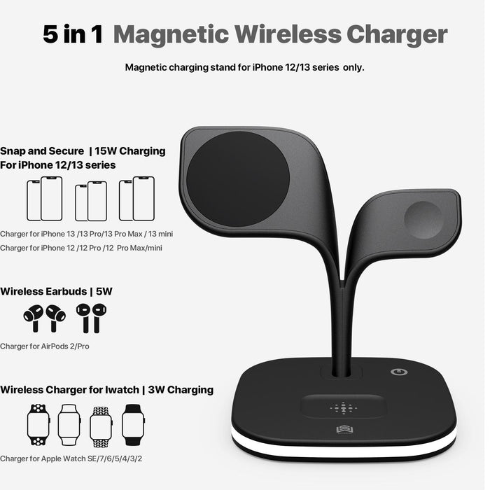 15W 5 In 1 Magnetic Wireless Charger With Stand