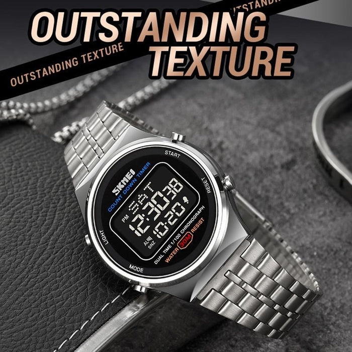1882 Multifunctional Men 30M Waterproof Luminous Stainless Steel Digital Wrist Watch