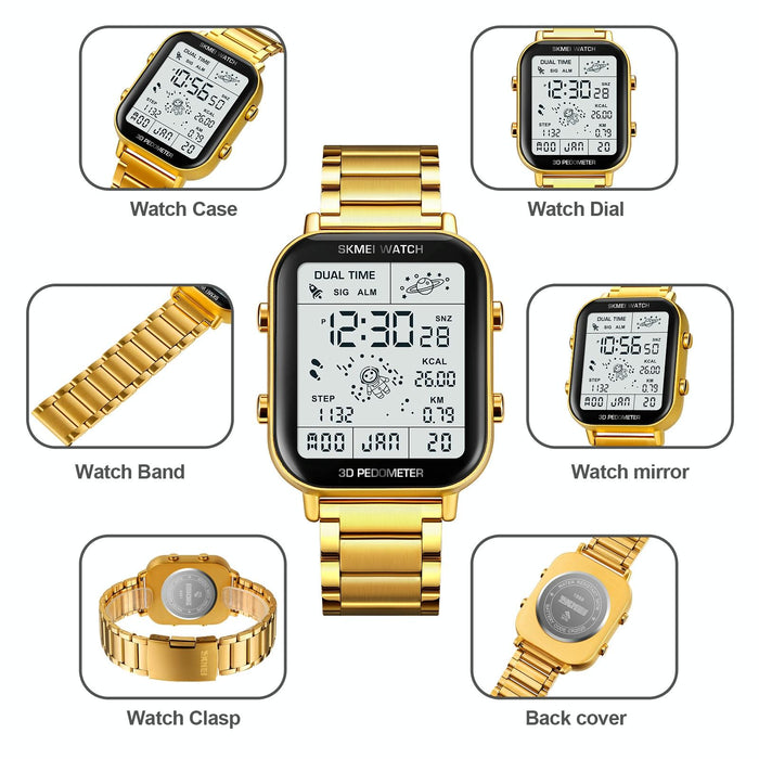 1888 Multifunctional Men 30M Waterproof Sports Stainless Steel Digital Wrist Watch
