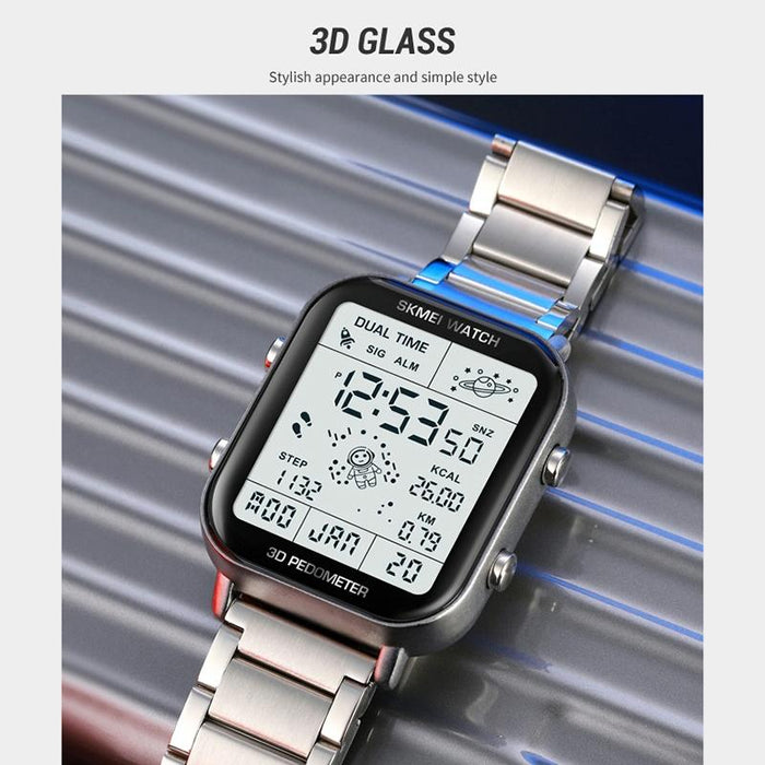 1888 Multifunctional Men 30M Waterproof Sports Stainless Steel Digital Wrist Watch