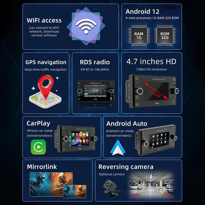 Android 12 Car Gps Navigation Player 1Gb + 32Gb Carplay / Android Auto / Mirrorlink / Wifi