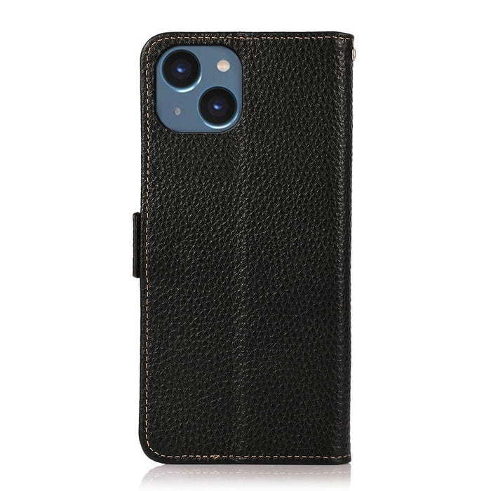 For Iphone 15 Side-Magnetic Litchi Genuine Leather Rfid Phone Case