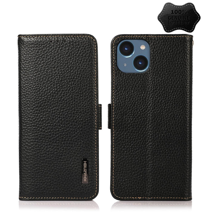 For Iphone 15 Side-Magnetic Litchi Genuine Leather Rfid Phone Case