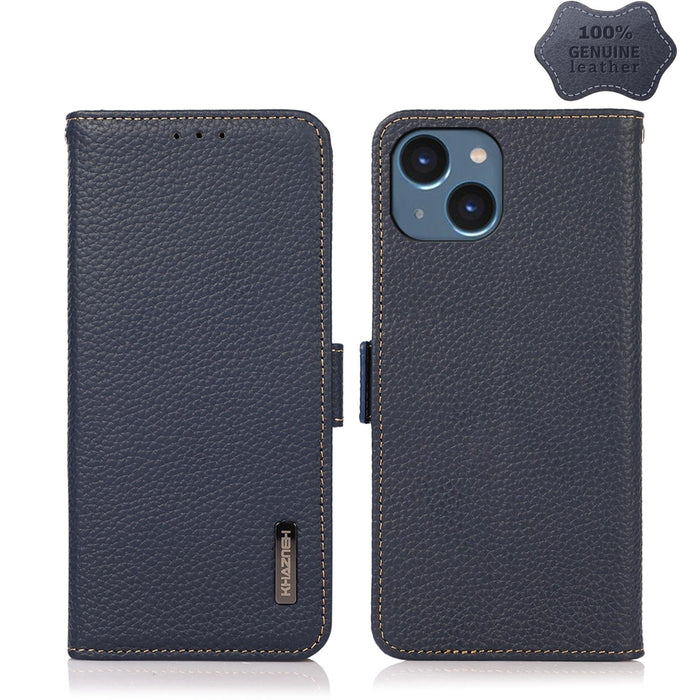 For Iphone 15 Side-Magnetic Litchi Genuine Leather Rfid Phone Case