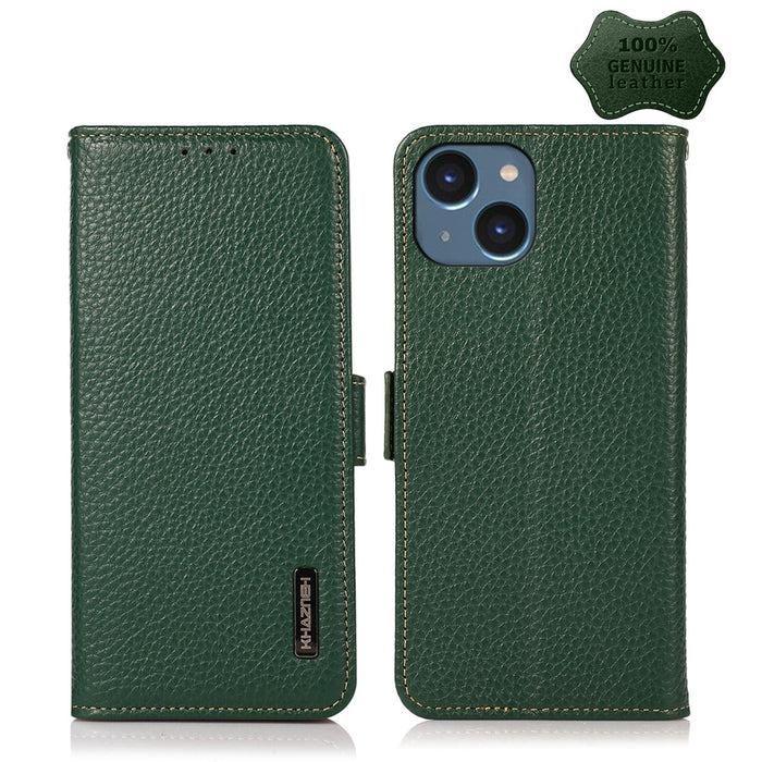 For Iphone 15 Side-Magnetic Litchi Genuine Leather Rfid Phone Case