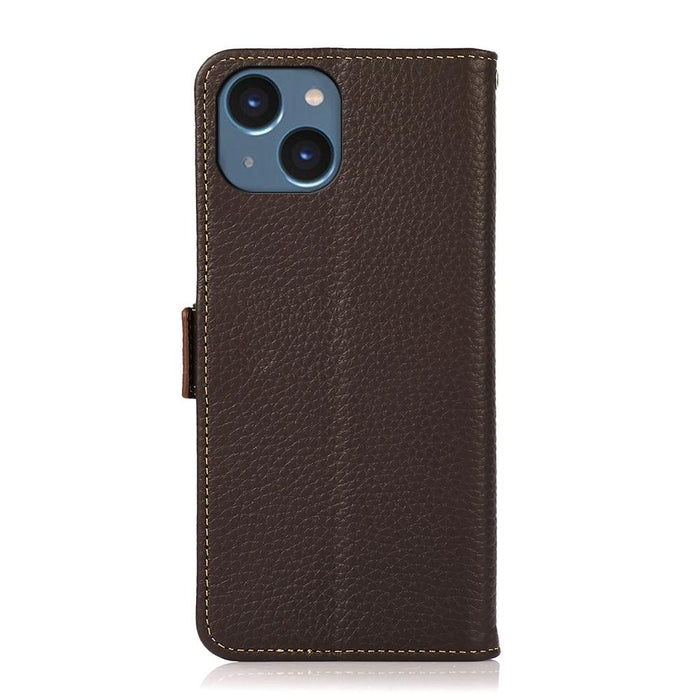 For Iphone 15 Side-Magnetic Litchi Genuine Leather Rfid Phone Case