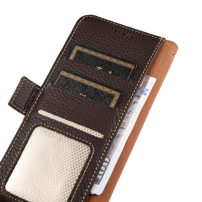 For Iphone 15 Side-Magnetic Litchi Genuine Leather Rfid Phone Case