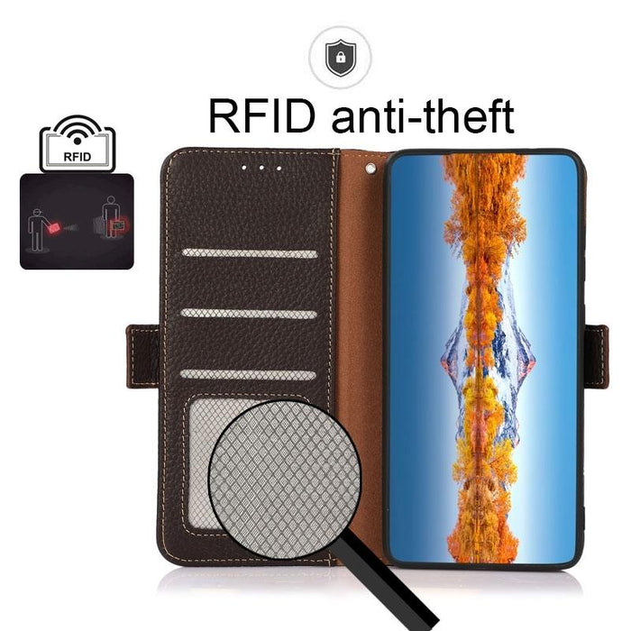 For Iphone 15 Side-Magnetic Litchi Genuine Leather Rfid Phone Case