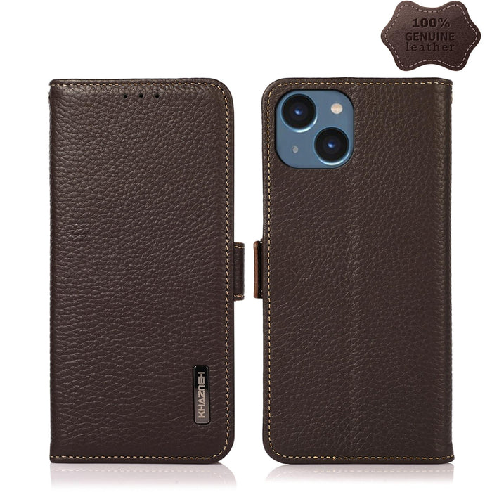 For Iphone 15 Side-Magnetic Litchi Genuine Leather Rfid Phone Case