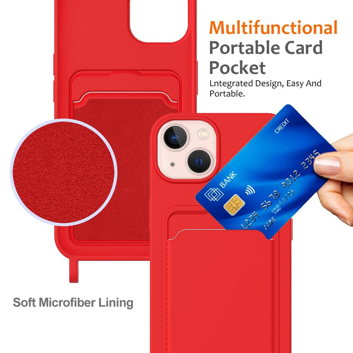 For Iphone 15 Integrated Card Bag Solid Colour Liquid Silicone Phone Case With Lanyard