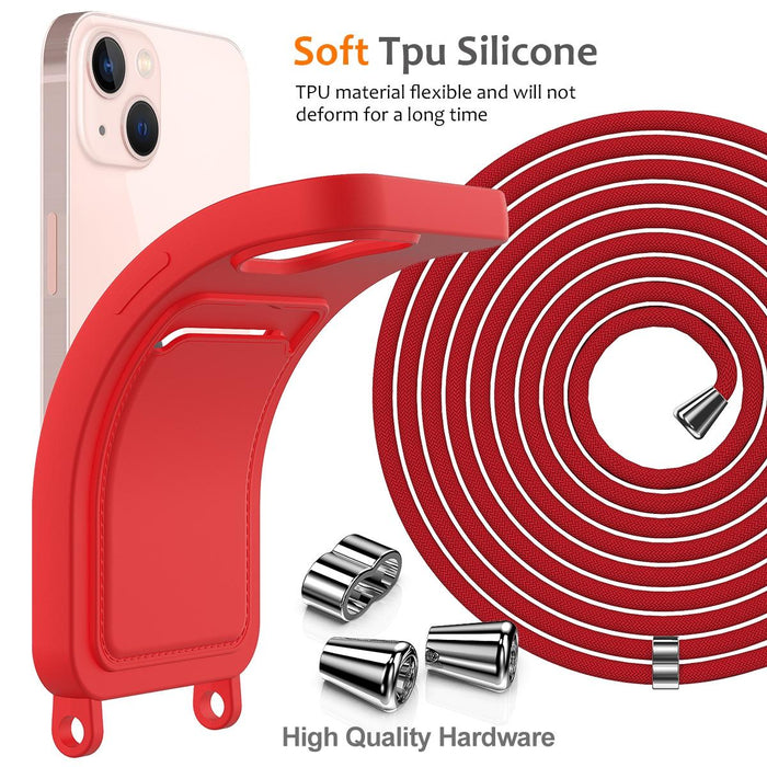 For Iphone 15 Integrated Card Bag Solid Colour Liquid Silicone Phone Case With Lanyard