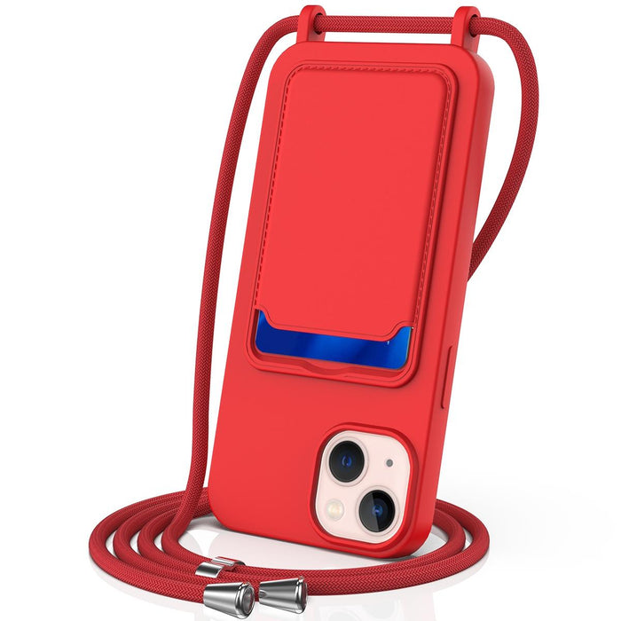 For Iphone 15 Integrated Card Bag Solid Colour Liquid Silicone Phone Case With Lanyard
