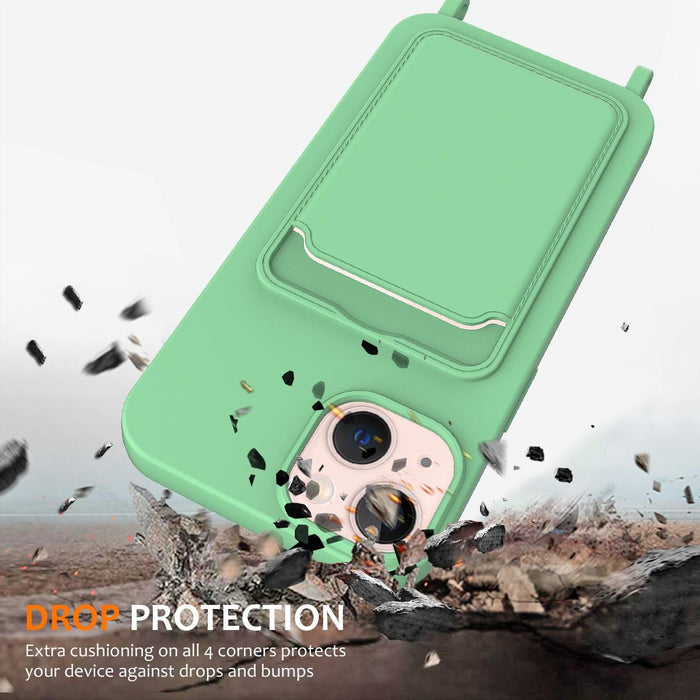 For Iphone 15 Integrated Card Bag Solid Colour Liquid Silicone Phone Case With Lanyard