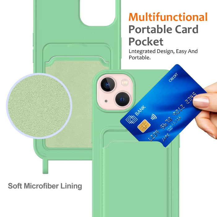 For Iphone 15 Integrated Card Bag Solid Colour Liquid Silicone Phone Case With Lanyard