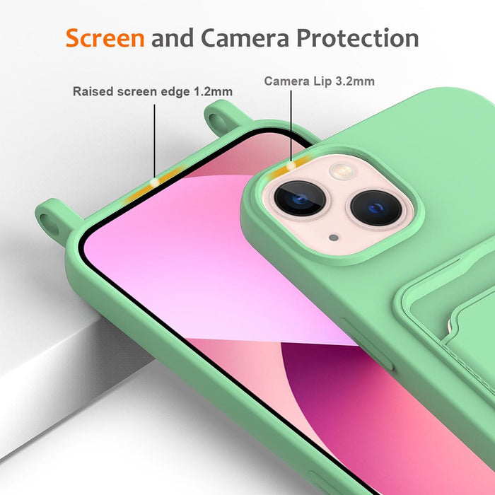 For Iphone 15 Integrated Card Bag Solid Colour Liquid Silicone Phone Case With Lanyard